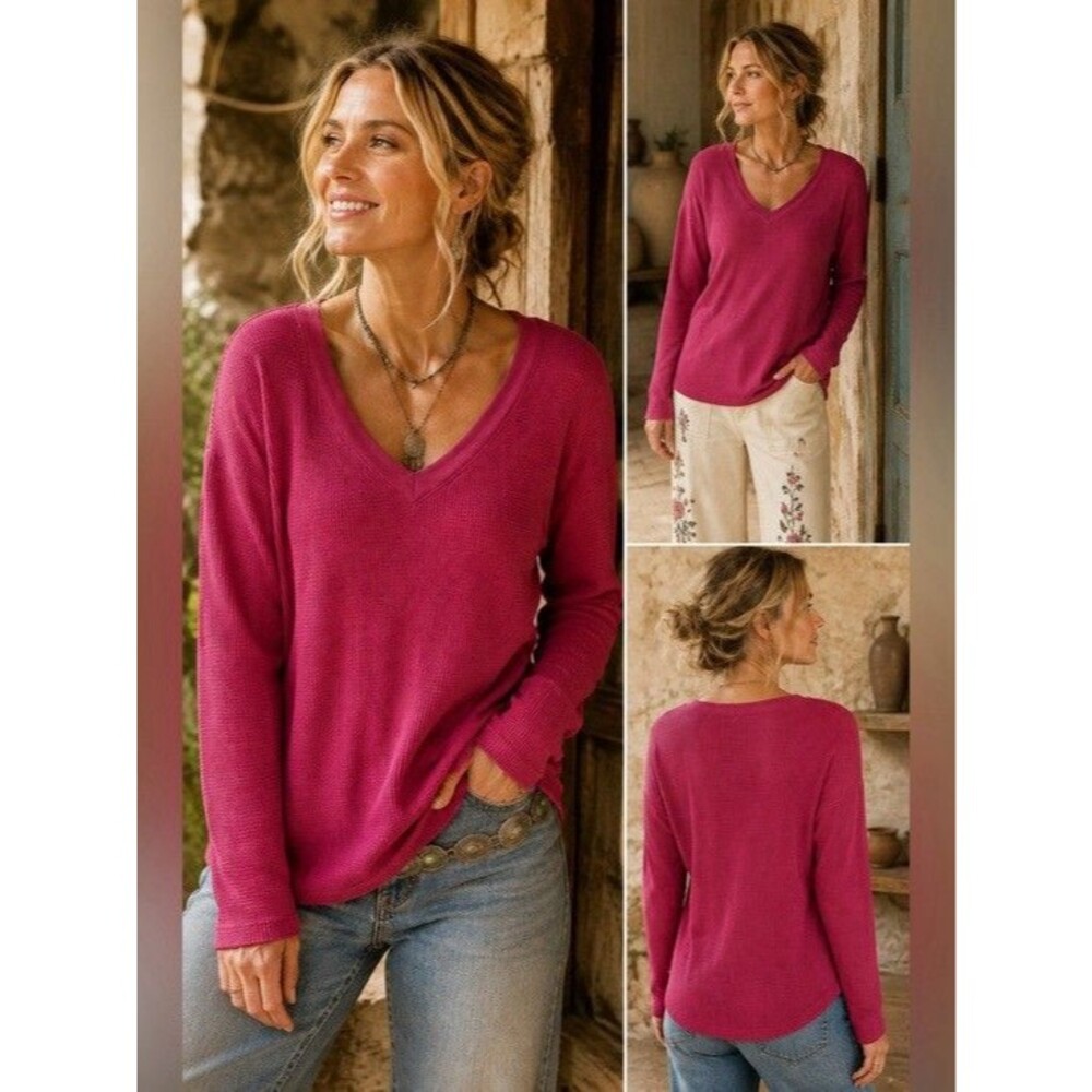 Sundance Thermal Shirt Womens L Coral Pink Waffle Knit Long Sleeve Velvet Cuff